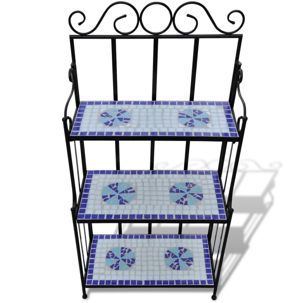 Plant Stand Display Blue White Mosaic Pattern