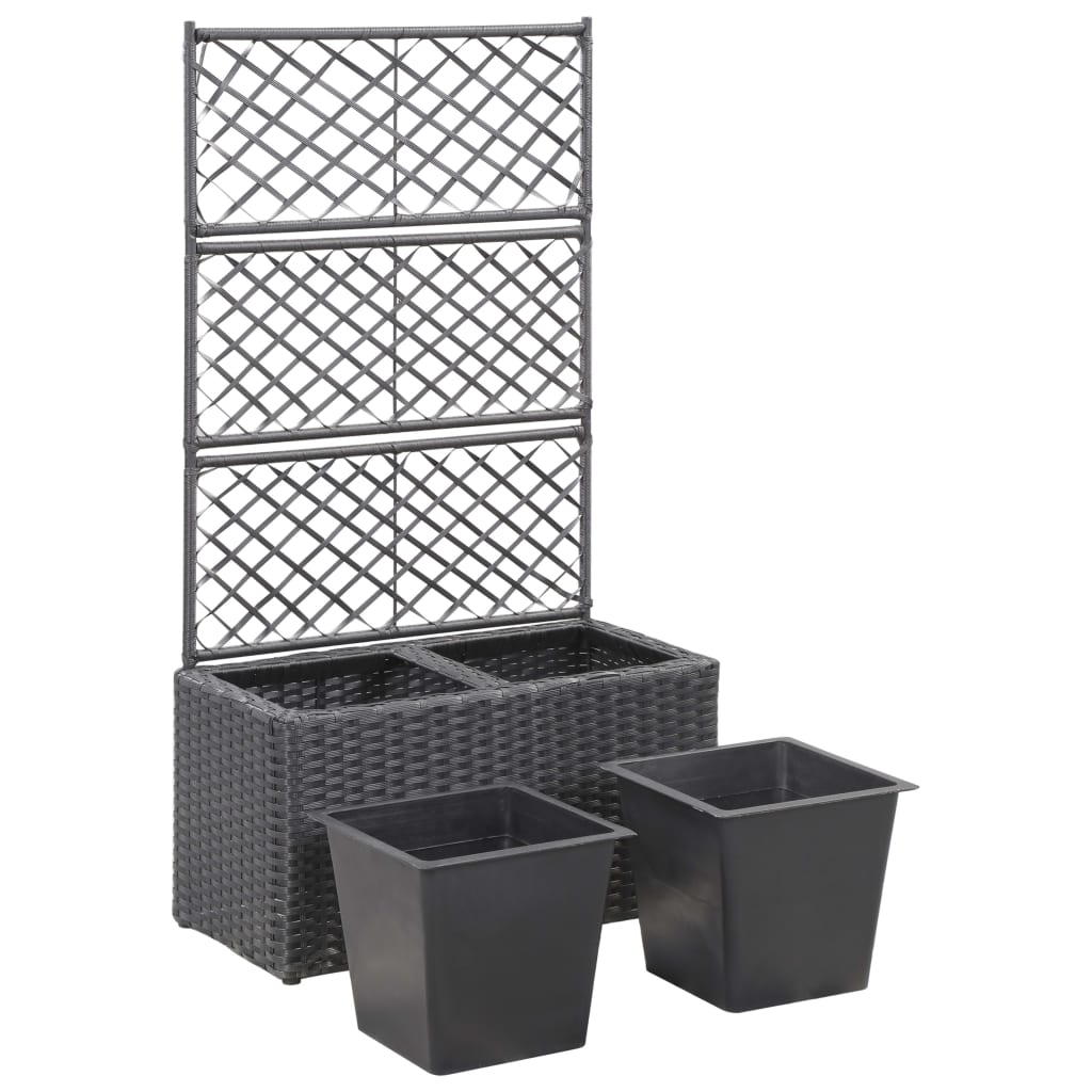 Trellis Raised Bed with 2 Pots 22.8"x11.8"x42.1" Poly Rattan Black