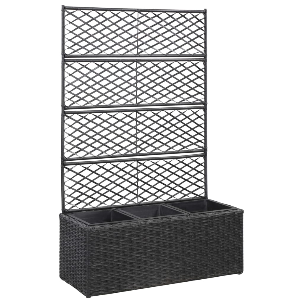 Trellis Raised Bed with 3 Pots 32.7"x11.8"x51.2" Poly Rattan Black