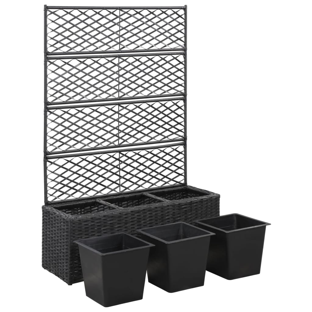 Trellis Raised Bed with 3 Pots 32.7"x11.8"x51.2" Poly Rattan Black