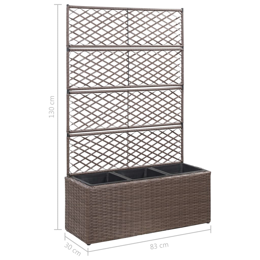 Trellis Raised Bed with 3 Pots 32.7"x11.8"x51.2" Poly Rattan Brown