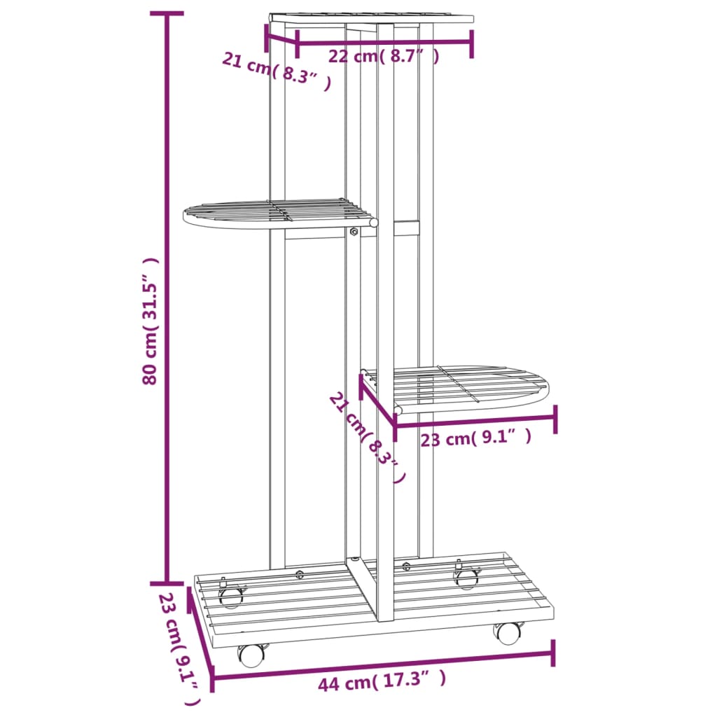 4-Floor Flower Stand with Wheels 17.3"x9.1"x31.5" Black Iron