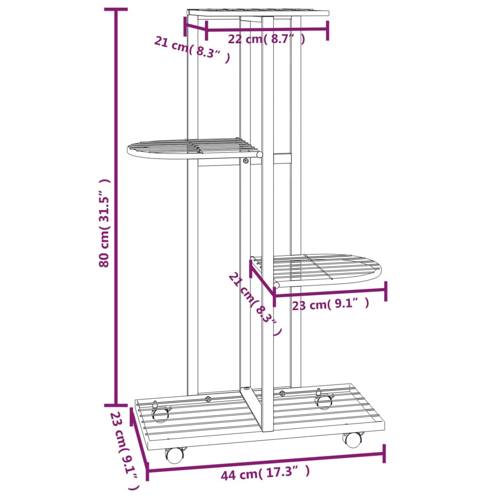 4-Floor Flower Stand with Wheels 17.3"x9.1"x31.5" White Iron