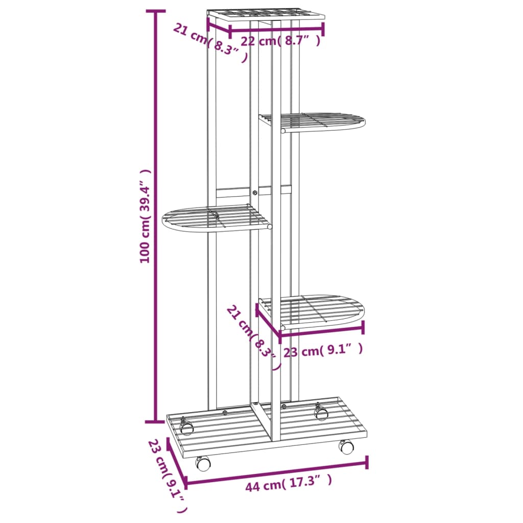 5-Floor Flower Stand with Wheels 17.3"x9.1"x39.4" Black Iron