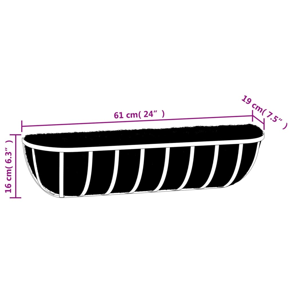 Wall Troughs 2 pcs with Coco Liners Black 24"x7.5"x6.3" Steel