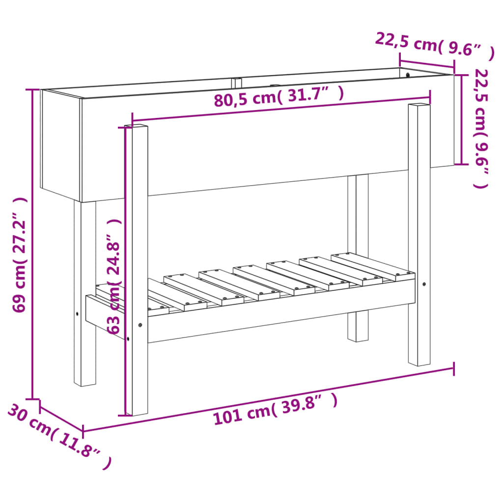 Patio Raised Bed  101x30 x 27.2 " Solid Wood Pine